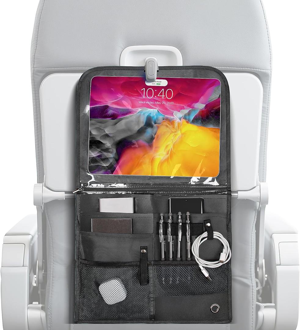 Airplane Pocket Organizer with Tray Table Cover,Portable Flight Seat Back Organizer&Storage Bag for Travel Essentials(Black, Short Zipper Lined)