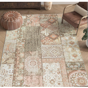 jinchan Boho Area Rug 6x9 Vintage Living Room Rug Patchwork Washable Tribal Mat Indoor Floral Print Decor Non Slip Soft Carpet for Bedroom Kitchen Dining Room Home Office Pink