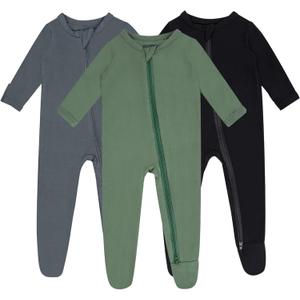 Baby Boy Footed Pajamas with Mittens,Rayon Made from Bamboo Sleepers, 2 Way Zipper Long Sleeve Pjs (12-18 Months, Sliver-green-black)