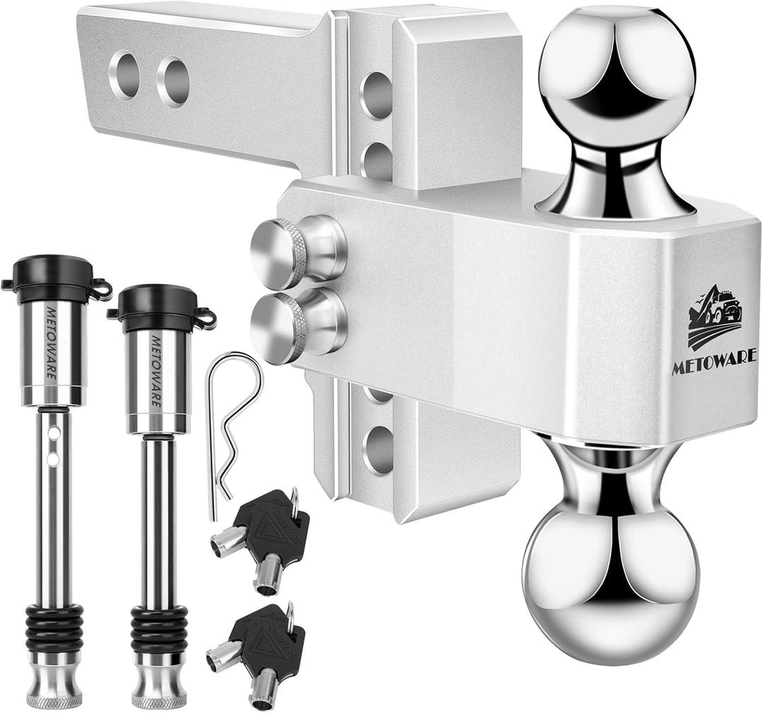 METOWARE Adjustable Trailer Hitch - Aluminum Tow Hitch Fits 2-Inch Receiver - Heavy Duty Drop Hitch with 4-Inch Drop/Rise for Truck (14,000 LBS GTW), Double Stainless Steel Locks & Hitch Pin