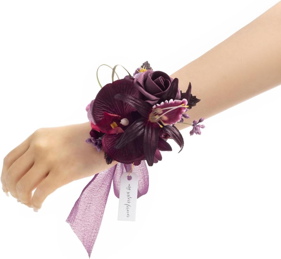 Ling's moment 6pcs Wedding Wrist Corsage Artificial Flowers, Girl/Mother Homecoming Prom Corsages Wristlet Dcor, etc. Deep Purple