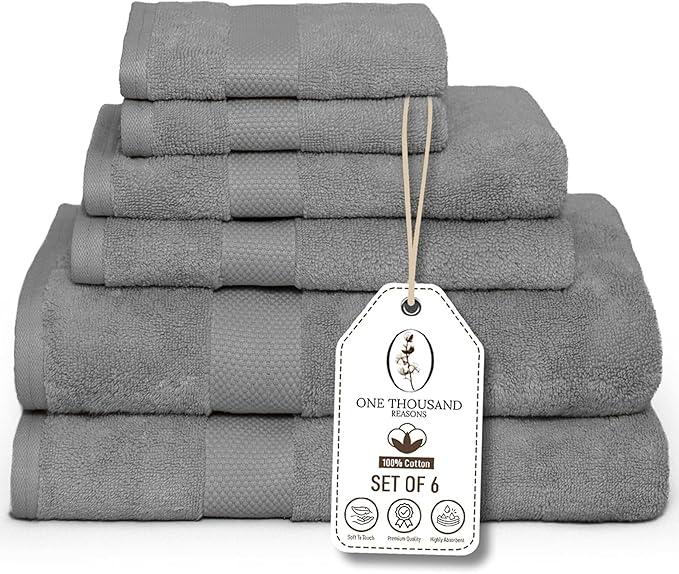 Premium Staple Cotton Bathroom Towel Set - Gray 600 GSM 6-Piece Luxury Bath Towel Set 1 Stripe - 2 Bath Towels, 2 Hand Towels & 2 Washclothes Set - High Absorbent & Quick Dry for Gym, Spa, Hotel