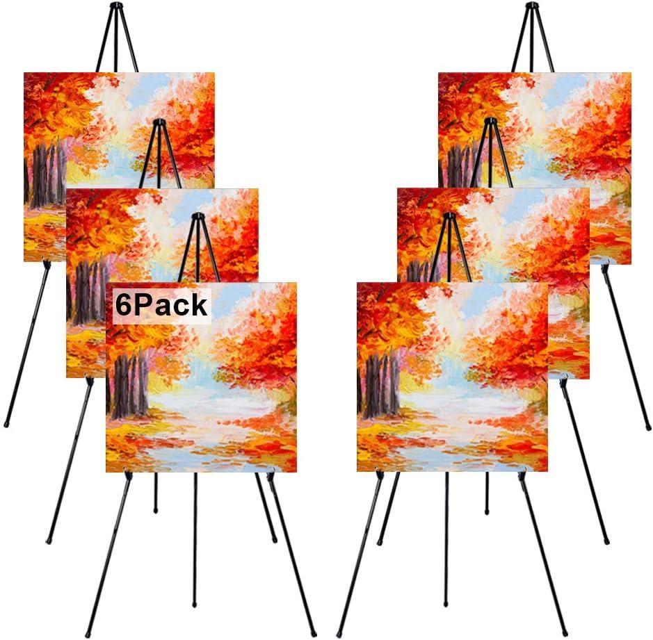 63" Folding Easel Stand for Display,Adjustable Floor Poster Easel for Arts,Pictures,Paintings,Telescoping Black Metal Easel Fit for Signs at Exhibition,Lobby,Holds 5lbs,6Pack