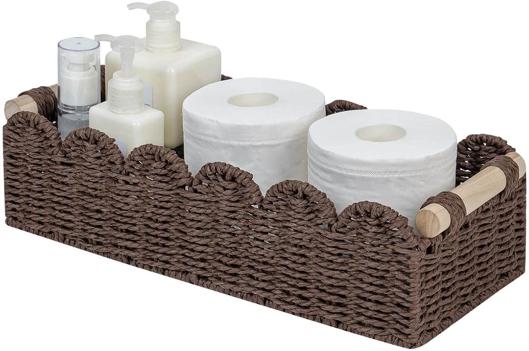 CubesLand Paper Rope Scalloped Edge Shelves Storage Basket, Woven Toilet Paper Baskets for Over Toilet Storage Shelf, Ending Table, Floating Shelves Organizing or Home Dcor, with Wood Handle, Brown