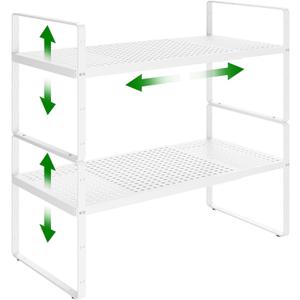 Expandable Kitchen Cabinet Shelf Organizer Rack Heavy Duty Metal Spice Rack Stackable Kitchen Counter Storage Shelf for Cabinet Pantry Bathroom (White- 16.5"-27" L x 8" W x 9.6" H - 2Pack)