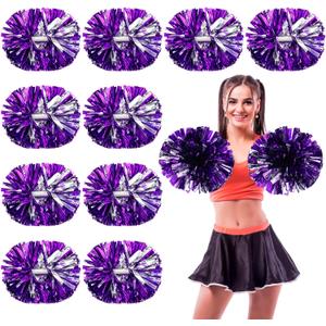 WILLBOND 12pcs Cheerleading Pom Poms Bulk Metallic Foil Cheerleader Pompoms with Baton Handle for Football Basketball Cheering Squad Team Game Sports Dance Party Outfit (Purple and Silver)