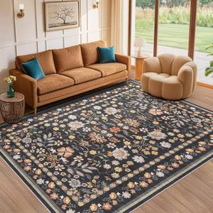 9x12 Area Rug Living Room Rugs - Washable Boho Vintage Floral Large Soft Non Slip Thin Rug Low Pile Carpet for Bedroom Dining Room Kids Playroom Office Decor Indoor- Black Grey
