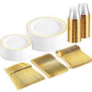 bUCLA 150PCS Gold Plastic Dinnerware Set Disposable - Heavy Duty Gold Plates Include 25 Dinner & 25 Dessert Plates,25 Forks,25 Knives,25 Spoons&25 Cups for Party&Wedding