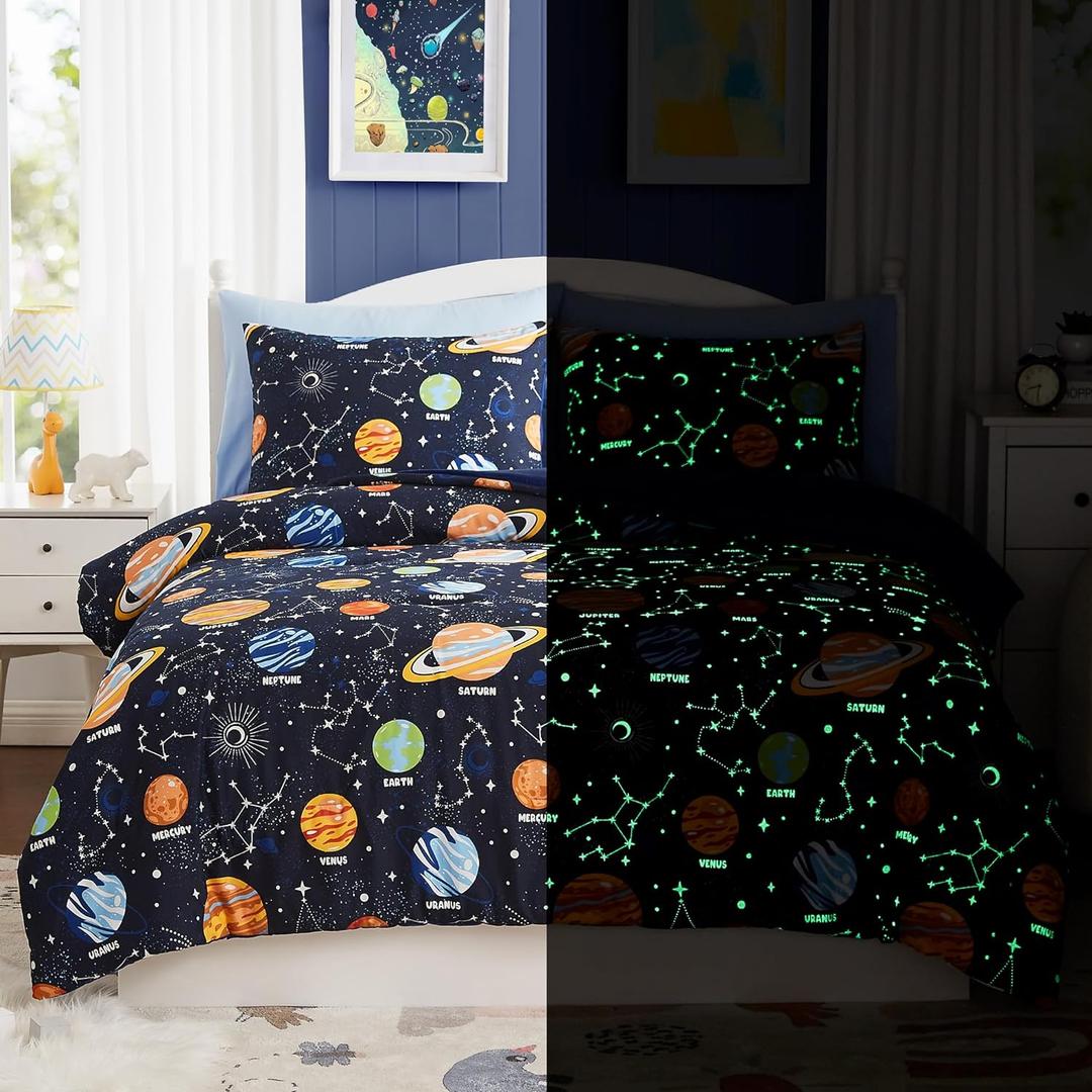 Full Kids Comforter Set - 7 Pieces Full Bedding Sets for Boys Girls Teen, Glow in The Dark Space Bed in A Bag with Sheets