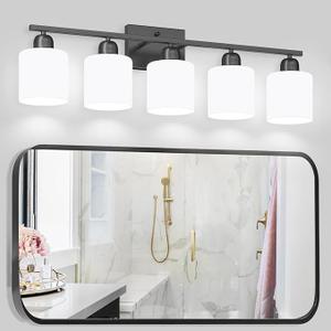 BNHHLZ White Glass Bathroom Vanity Light 5 Light Mid Century Gold Bathroom Lighting Fixtures Over Mirror Modern Vanity Lighting Wall Mount for Bathroom Mirror Hallway(Bulbs Not Included), Black