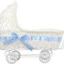Kisangel Imitation Rattan Baby Carriage Flower Basket 14.6X11.4X6.7 Inch Vintage Style Wicker Stroller Centerpiece for Baby Shower Party Decor