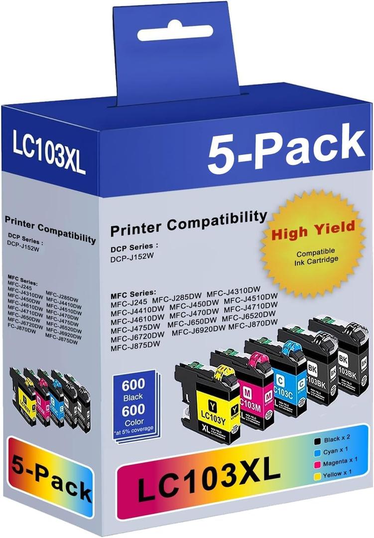LC103XL LC103 Ink Cartridges High Yield Replacement for Brother LC103 Ink Cartridges LC101 Work with MFC-J870DW MFC-J6920DW MFC-J6520DW MFC-J450DW MFC-J470DW (2Black 1Cyan 1Magenta 1Yellow, 5 Pack)