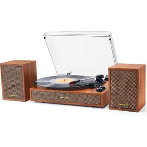 Vintage Vinyl Record Player with External Bookshelf Speakers, 3-Speed Belt Drive Turntable with Auto Stop, Bluetooth Input, RCA Out, AUX in – Brown Wood