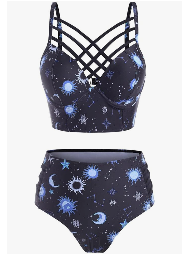 Women's Bikini Summer Bathing Suit Sun Star Moon Lattice High Waisted Tankini Swimsuit L