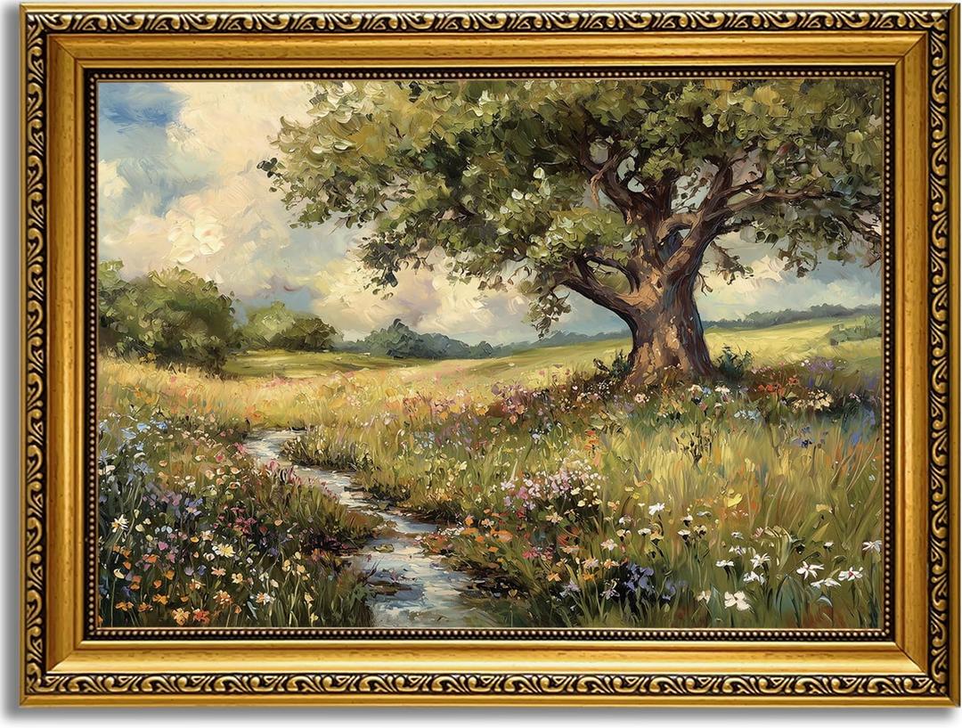 YD&YZY Gold Framed Vintage Wall Art Canvas Spring Country Landscape Wall Decor Wildflower Farmhouse Painting Rustic Nature Picture Cottagecore Print for Living Room Bedroom 12x16 inch Framed