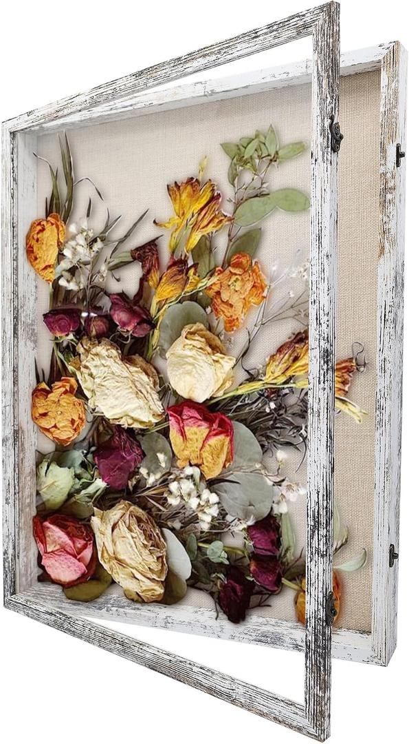 GraduationMall 18x24 Wood Shadow Box Frame Glass Door Display Case with Linen Back and 6 Stick Pins,1.5 inches Interior Depth,Ideal for Memorabilia Pictures Flowers Medals Tickets Rustic White