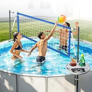Above Ground Pool Volleyball Net Set with Storage Tray - Adjustable 10-20FT Width Net for Pool, Swimming Pool Volleyball Net Anti-Sagging for Outdoor Poolside Games with Ball, Pump, Poles