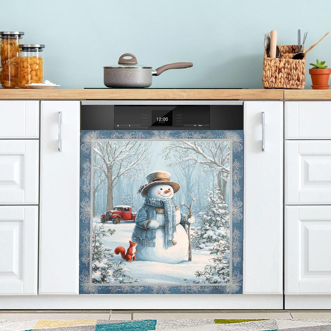 Pfrewn Christmas Winter Magnetic Dishwasher Cover Snowman Squirrel Snow Forest Fridge Door Covers Kitchen Decal Vinyl Panel Decorative Refrigerator Laundry Appliances 23x26in