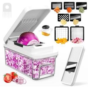 Vegetable Chopper: 10 in 1 Food Chopper - Onion Vegetable Slicer Cutter Dicer, Veggie Cutter with Container, 7 Blades, Kitchen Gadgets for Carrot Salad Garlic Potato Slicer (White)