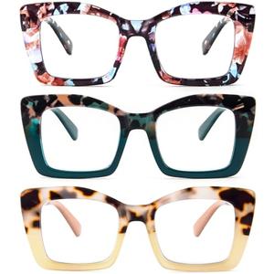 REAVEE 3 Pack Oversized Square Reading Glasses Oprah Style for Women, Blue Light Blocking Large Frame Computer Designer Fashion Readers with Spring Hinge (Flower/Blue/Green,1.25)