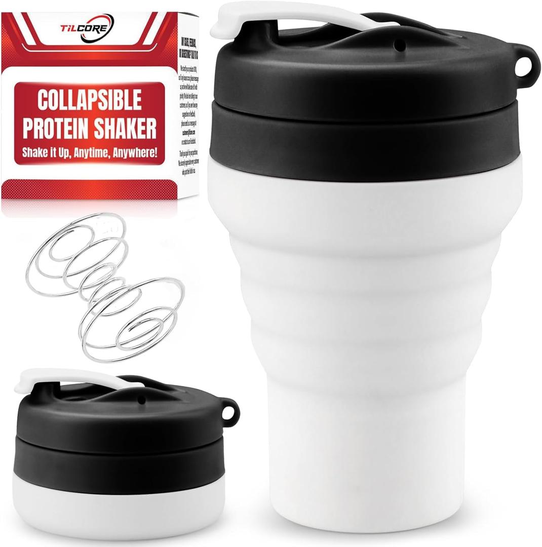 Protein Shaker Bottle Collapsible - Food-Grade, Leakproof Lid 600mL/20oz Shaker - Reusable Silicone Shaker Cups for Protein Shakes for Gym-goers & Travelers (Black 1)
