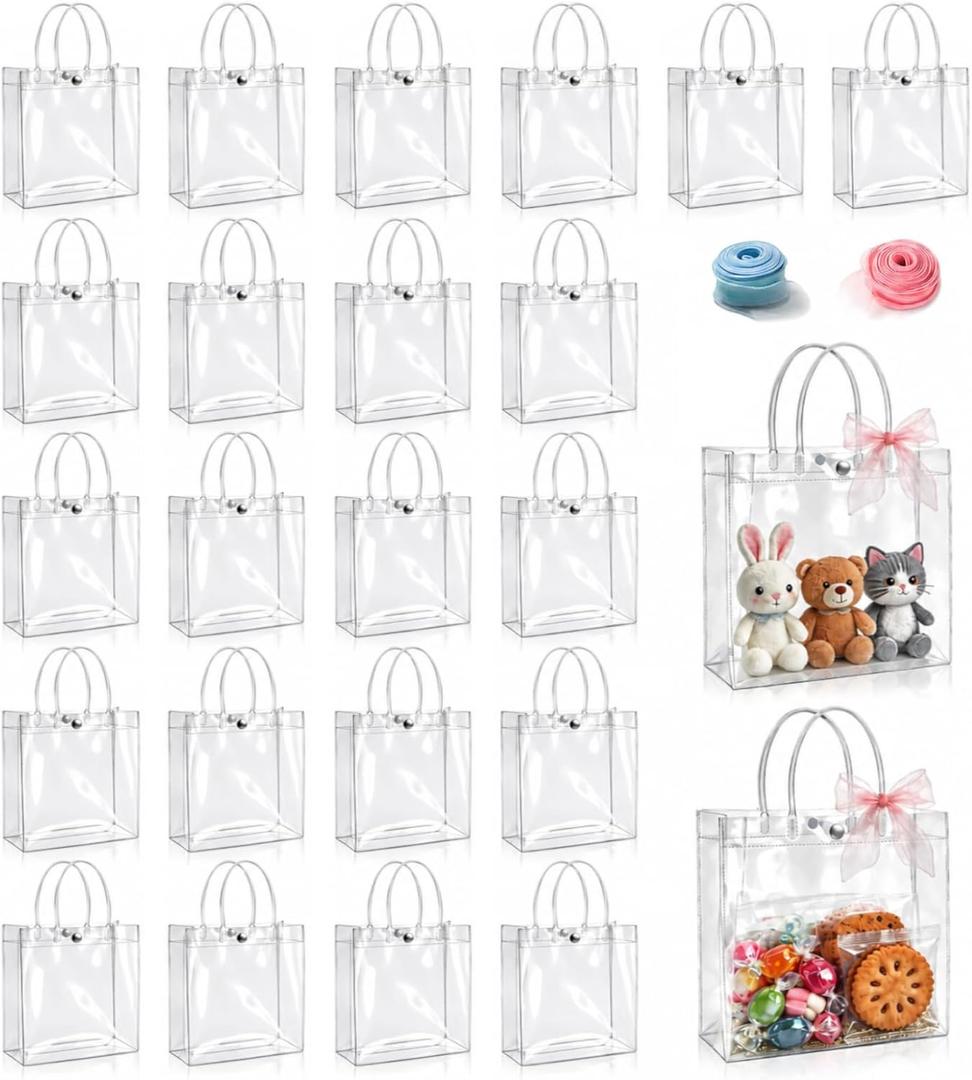 Nihaoya 24 Pcs Clear Gift Bags with Handles, Party Favor Clear Goodie Bag, 7.9 x 7.9 x 3.2 inches
