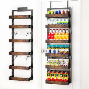 BUKFEN 6-Tier Over the Door Pantry Organizer, 2-in-1 Door Hanging or Wall Mounted Spice Rack, Heavy Duty Metal Storage Shelves with Adjustable Wooden Baskets for Kitchen Bathroom Closet