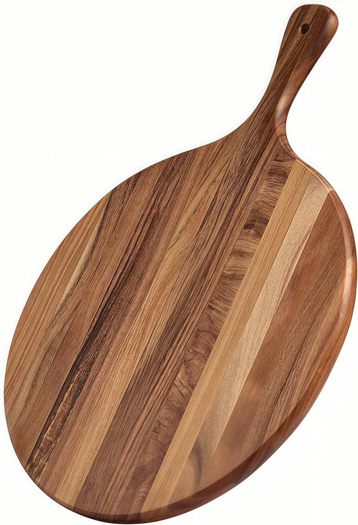 Acacia Wood Round Cutting Board with Handle -16" x 12" Large Charcuterie Board, Wooden Chopping Board for Kitchen, Pizza, Meat & Cheese Serving Tray, Decorative Butcher Block