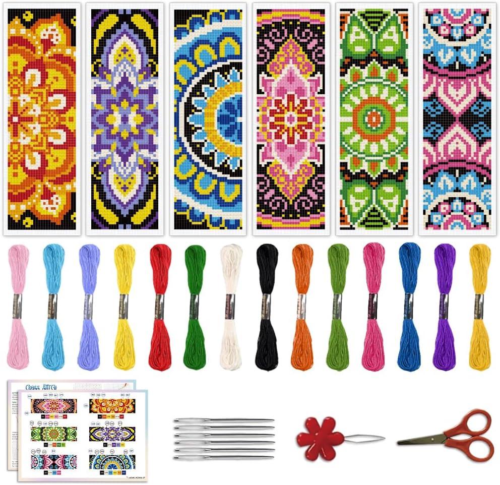 ACRNIGHEET 6PCS Cross Stitch Bookmark Kit for Beginner Mandala Stamped Cross Stitch Kits for Adults DIY Embroidery Bookmark Kits Crossstitch Kits Adult with Instructions Hand Craft Gift 11CT