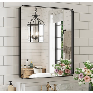Black Bathroom Mirror for Wall, 24X30 Inch Matte Black Mirror, Rectangular Black Metal Framed Vanity Mirror with Tempered Glass, Rounded Corner, Anti-Rust (Horizontal/Vertical)