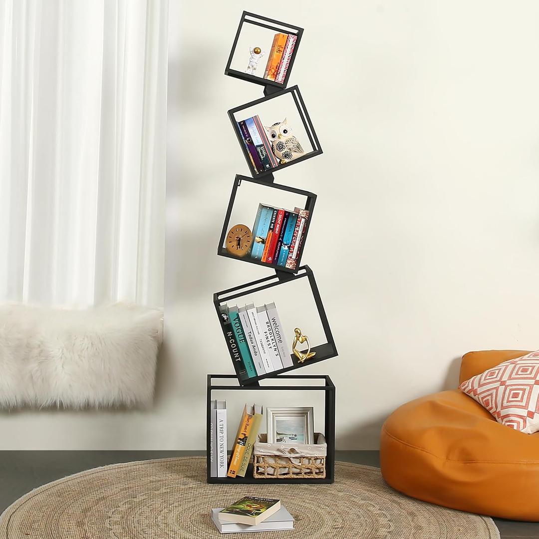 Book Shelf 5 Tier, Black Metal Bookshelf 67 Inch, Narrow Corner Bookcase Skinny Bookshelves for Bedroom, Living Room, Office, Home Decor (5 Tier (67'' 18.11''8.86))