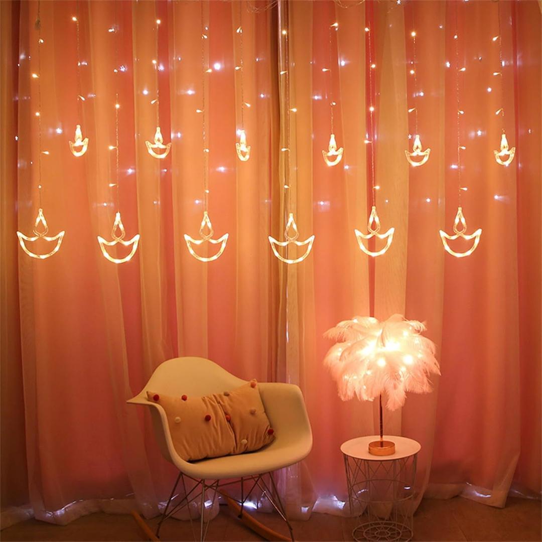 Diwali Diya Curtain Lights  12 Warm White LED Diyas Happy Diwali Decoration, USB & Battery Powered Indian Festival String Lights for Indoor Outdoor Wall, Window, Balcony Decorations
