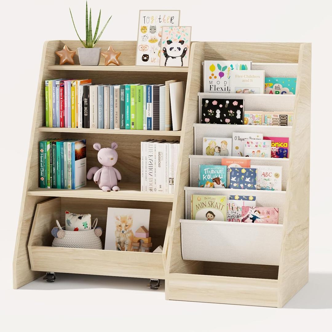 COZPAW Kids Bookshelf and Toy Storage, 4 Tier Toddler Bookshelf with Movable Drawer (Oak)
