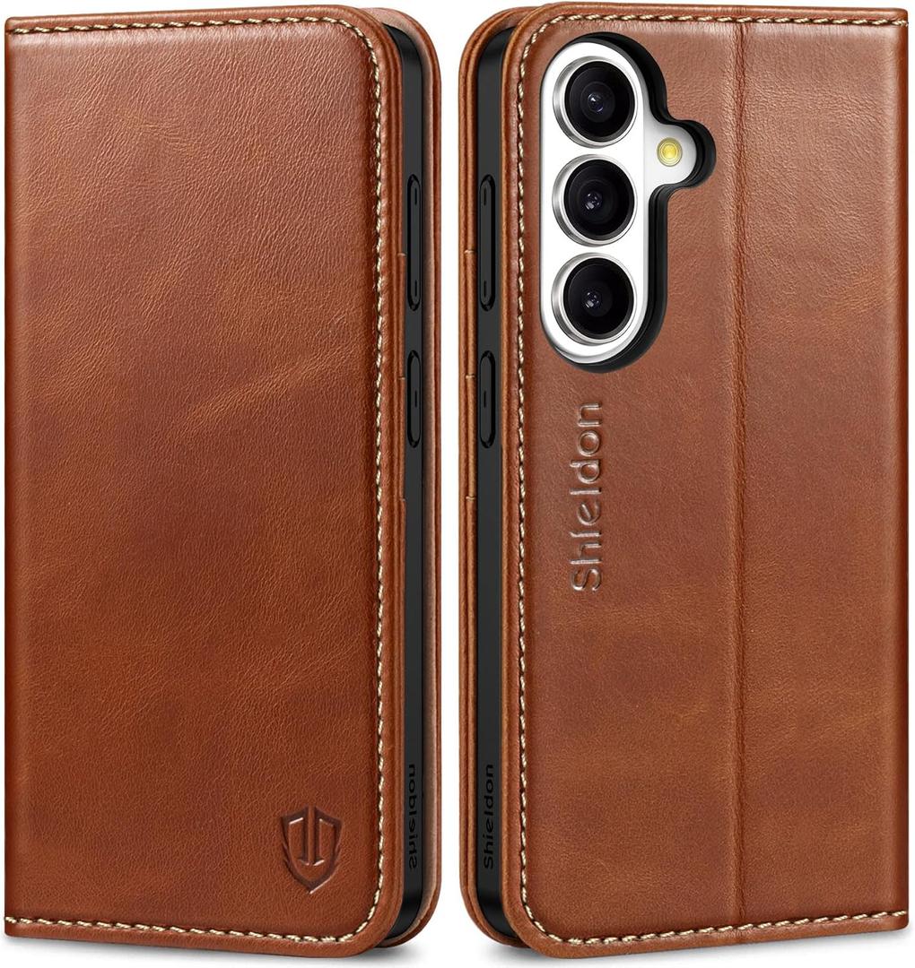 SHIELDON Case for Galaxy S26 6.3" 5G 2026, Genuine Leather Flip Wallet Book Design Magnetic RFID Blocking Credit Card Holder Kickstand Shockproof Cover Compatible with Galaxy S26 - Retro Brown