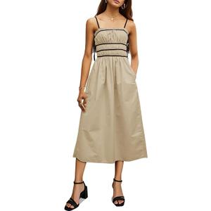Wenrine Women Summer Spaghetti Strap Dress Sleeveless Tie Smocked Sundress A Line Vacation Beach Midi Dresses Khaki, M