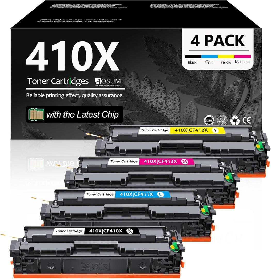DOSUM 410X High Yield Toner Cartridge 4 Pack Replacement for HP 410X 410A CF410X CF411X CF412X CF413X to use with Color Pro MFP M477fnw M452dn M477fdw M477fdn M452nw M452dw Printer Ink