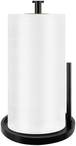 Paper Towel Holder Countertop, Standing Paper Roll Holder with Anti Slip Weighted Base, Stainless Steel Freestanding Paper Towel Holder for Kitchen, Black