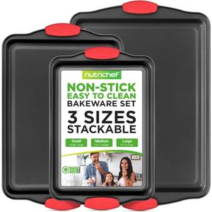NutriChef 3-Piece Nonstick Kitchen Oven Baking Pans - Premium & Stylish Non-Stick Steel, Commercial Grade Restaurant Quality Metal Bakeware with Red Silicone Handles - Easy to Clean, NCSBS3S