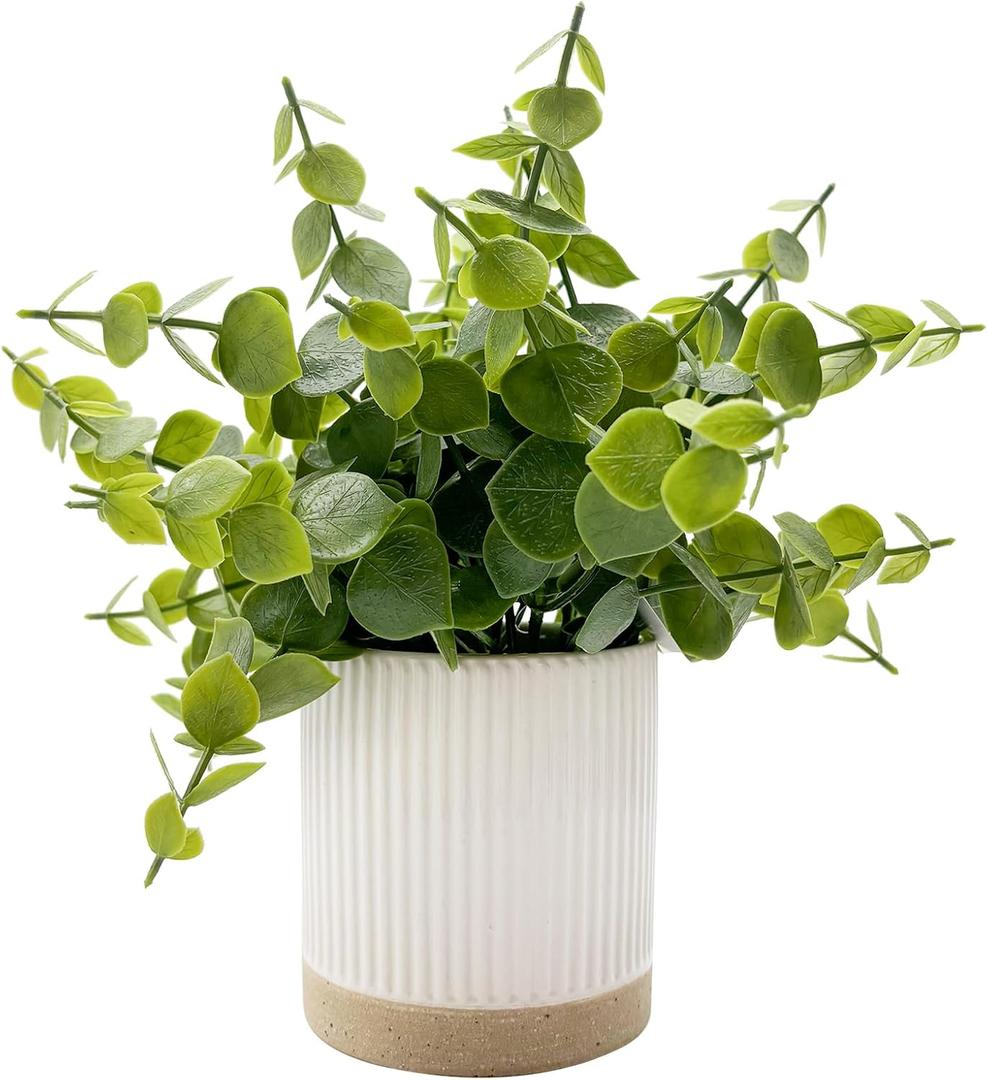 Coferset Small Fake Plants Eucalyptus Potted Artificial Plants Faux Plant Greenery in Ceramic Pot for Bedroom Kitchen House Living Room Shelves Farmhouse Table Office Desk Bathroom Home Indoor Decor