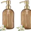 16 OZ Amber Glass Soap Dispenser, Amber Stripe Bathroom Hand Soap Dispensers with Stainless Steel Brushed Gold Pump,Brown Glass Kitchen Hand Soap Dispenser with Brushed Gold Pump,2 Packs