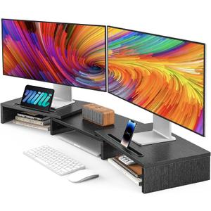 AMERIERGO Dual Monitor Stand Riser for 2 Monitors, Monitor Stand for Desk, Adjustable Computer Monitor Stand with 2 Slot, Multifunctional Desktop Organizer Stand for Laptop, PC, Computer, Printer (Black)