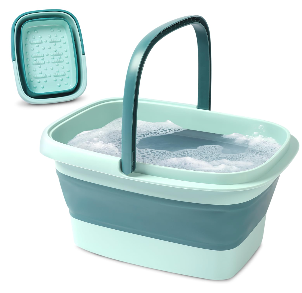 Collapsible Foot Bath – Advanced Foot Soaking Tub with Portable Design and Handle – Foldable Pedicure Foot Spa Bowl – Compact and Lightweight Foot Soak with Acupressure Points, Green and Blue