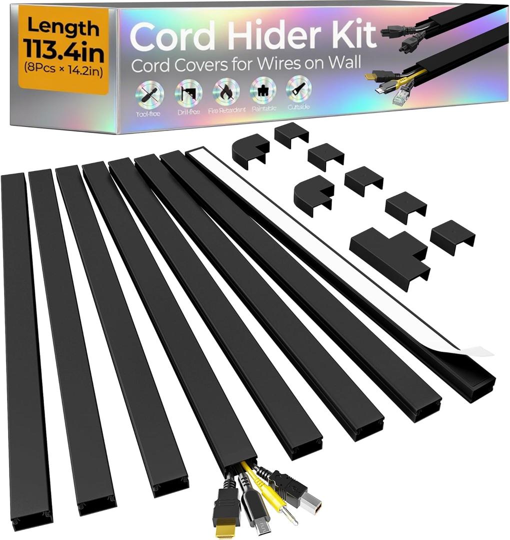 113.4in Cord Hider Kit, Cord Covers for 2-4 Wires on Wall, Self-Adhesive Cable Hider Wire Covers for Cords on Wall, Easy Set-up Cord Hider for Walls Mount Tv, Cable Cover Raceway, W0.95 H0.55in, Black