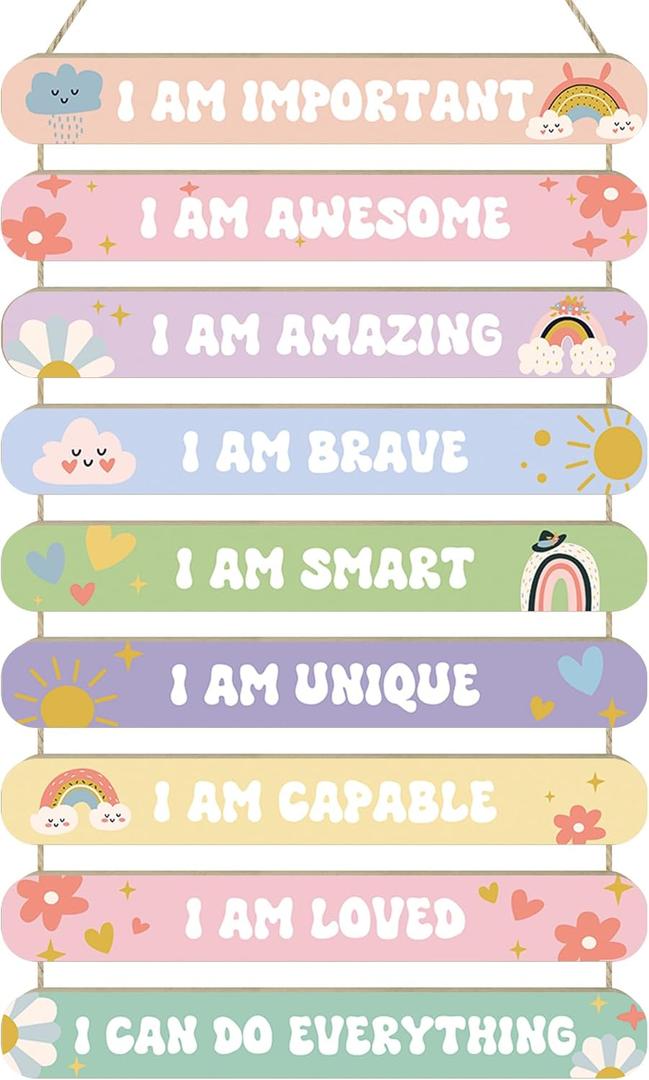 MONALET Pastel Boho Inspirational Wall Decor for Girls Kids Room Nursery Toddlers Playroom Classroom, Positive Affirmations Hanging Wooden Signs Decorations, I Am Loved Wall Art Wood Plaque 9Pcs 12x19