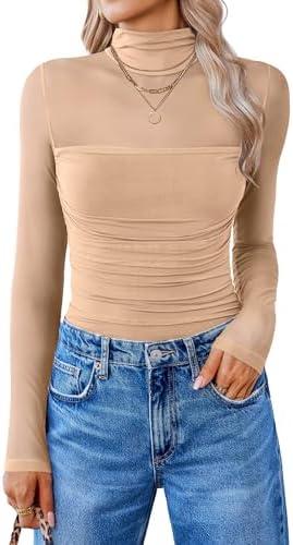 Avidlove Women Long Sleeve Bodysuit Turtle Neck Shapewear Body Suits Mesh One Piece Leotard Shirt Going Out Tops Fall Outfits, Medium