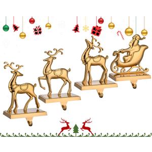 Antique Gold Reindeer & Sleigh Stocking Holder Set for Mantle Set of 4,Deer Stocking Hangers for Firepiece,Christmas Decorations Mantel Hanger for Stocking/Garland (Retro Gold)