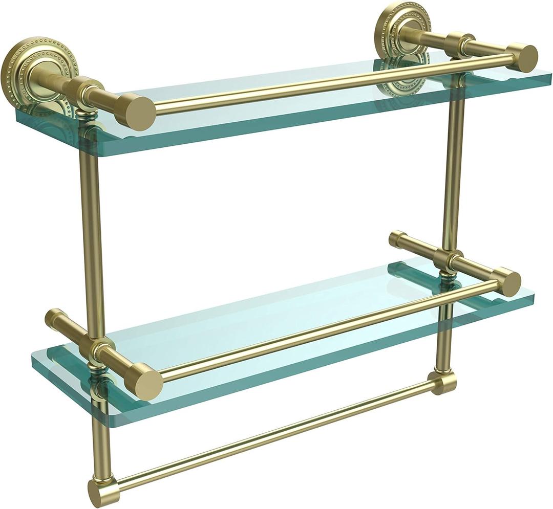 Allied Brass DT-2TB/16-GAL-SBR Dt 2 Tb Gal Dottingham Inch Gallery Double Towel Bar Glass Shelf, 16 Inch, Satin Brass