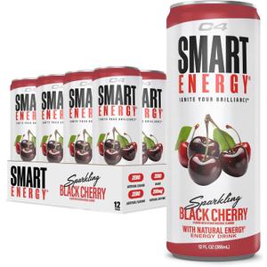 C4 Smart Energy Drink – Boost Focus and Energy with Zero Sugar, Natural Energy, and Nootropics - 200mg Caffeine - Black Cherry (12oz Pack of 12), EXP: 01/2027