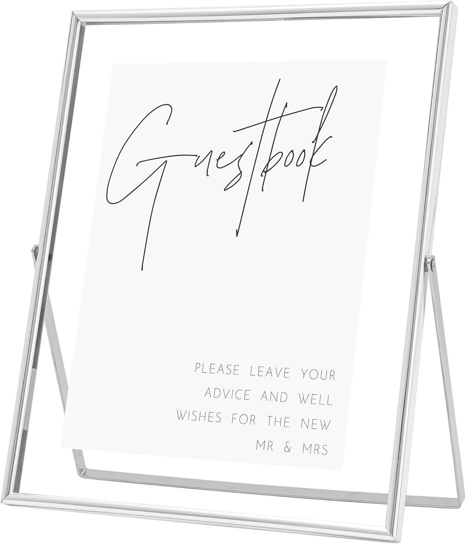 Calculs Silver Floating Picture Frames Sign Holder Guestbook Alternative, Metal Glass Photo Display Stand Menu Holder 8x10inches for Wedding Party Table Sign
