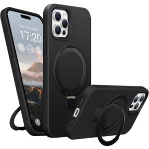 Soft Liquid Silicone Case for iPhone 15 Pro Max with Magnetic Invisible Stand, Military Grade Shockproof Protection, Anti-Scratch Microfiber Lining Covers for iPhone 15 Pro Max, Black